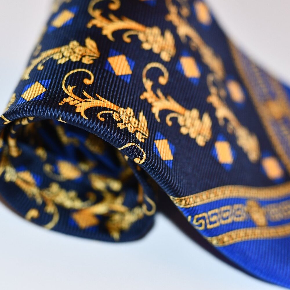 Vintage Gianni Versace Silk Tie - Baroque Gold & Blue Medusa Design - Made in It